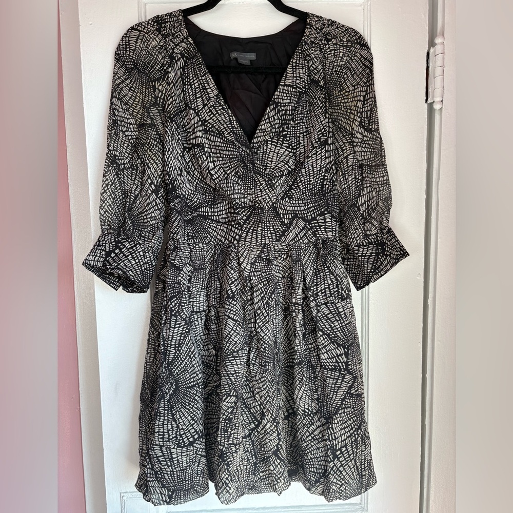 Armani Exchange A|X Black White Printed Wrap Mini Dress Sheer Sleeves Size 4